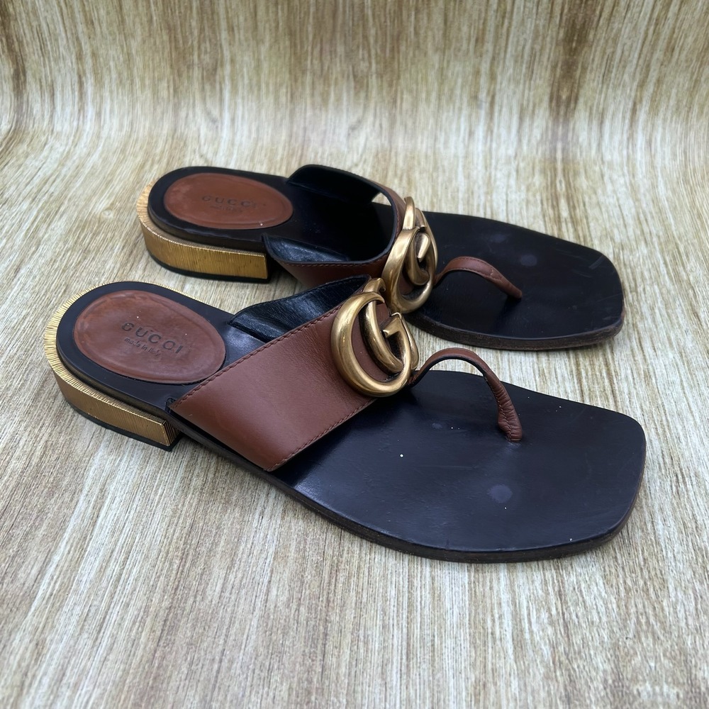 Gucci Marmont Double G Thong Sandals Women's Size 9 EU 39 Brown Black Gold Logo